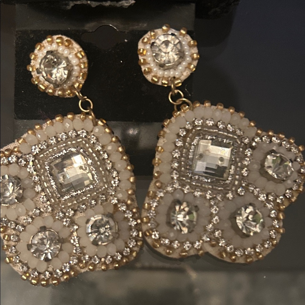 Gold-Tone White Crystal Statement Drop Earrings - Picture 8 of 10